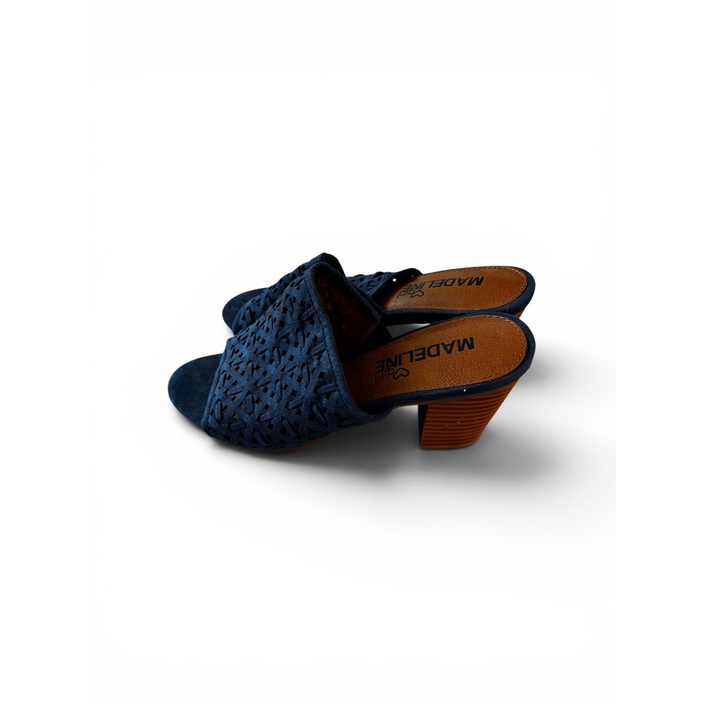 Madeline Girl Heeled Mules‎ 8M Navy Blue Laser Cut Boho Block Heel Slides